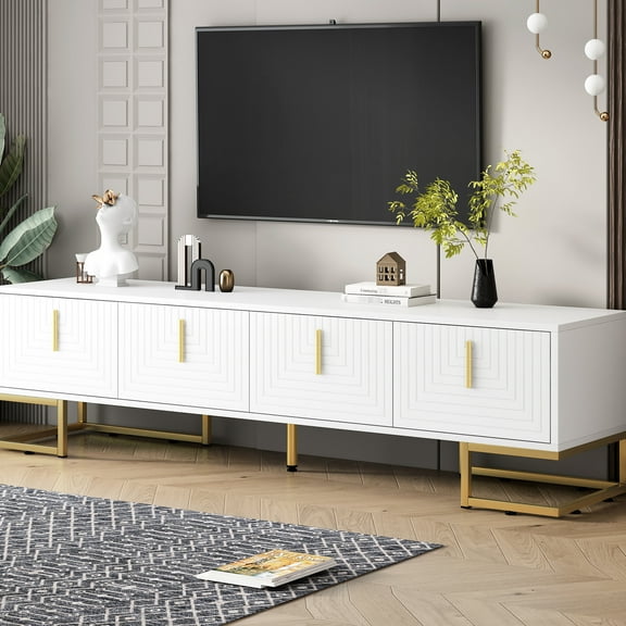 White Tv Stand With Adjustable Shelves, 80'' Cabinet Metal Legs And Gold Handles Console Cabinets