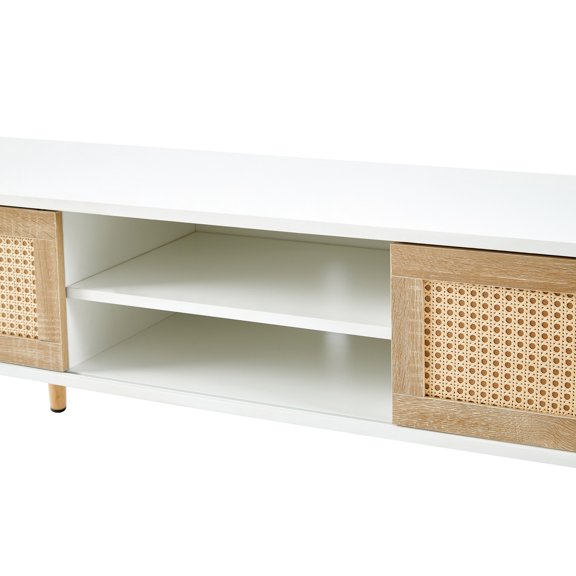 White Tv Stand With Double Sliding Doors, Adjustable Shelf, Solid Wood Legs For Room 54.78" Door Panels, Legs, White, Living Practicality And Style