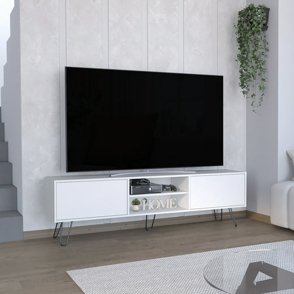 White Tv Table, Accommodates 55" Tvs With Storage Compartments Rack, Finish, Ensures For 50-59" Efficiently