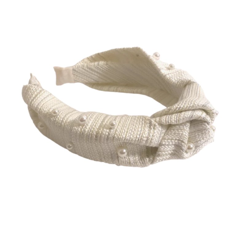 White Tweed Knotted Headband with Pearl Embellishments  display picture 3
