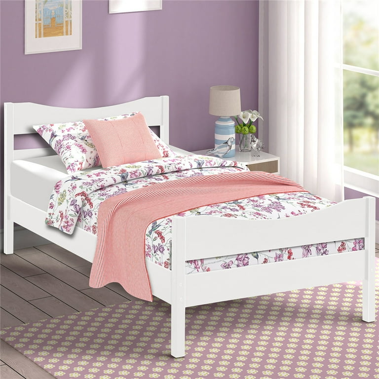 White Twin Bed Frame Wood Twin Platform Bed Frame with Headboard and Footboard Modern Twin Bed Frame Mattress Foundation with Soild Wood Slat for