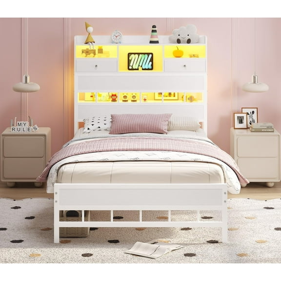 White Twin Bed Frames,with LED Light & Charging Station, Twin Size Bed Frame with Fabric Drawers and 5 Storage Shelves, Platform Bed Frames with Headboard ,No Box Spring Needed