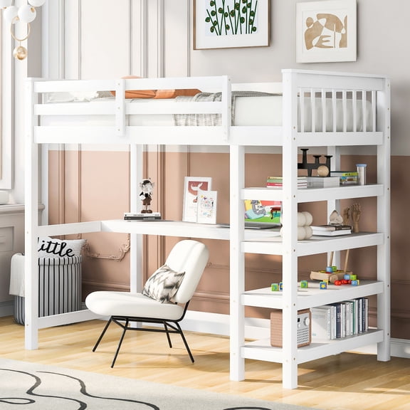 White Twin Bed | Shelves as Ladder and Storage | Student Bedroom