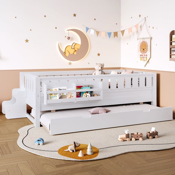 White Twin Bed with Built-In Bookshelves, Small Staircase, High-Quality Safety Rails & Trundle