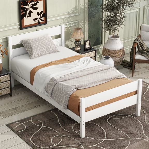 White Twin Bed with Headboard & Footboard, Space-Saving Rubber Wood Design for Apartments & Studios Modern Minimalist Storage Bed Frame