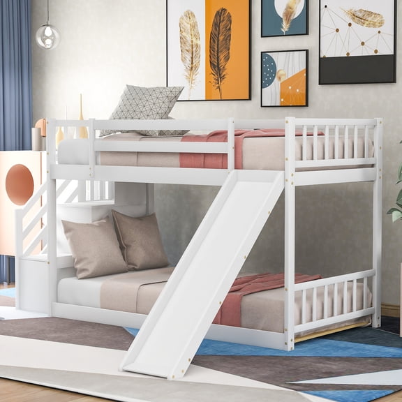 White Twin Over Bunk Bed With Slide & Stairway - Space Saving Design Solid Wood And Fun Option Storage Shelves Assembly Required Bed, Low Build Extra Feature
