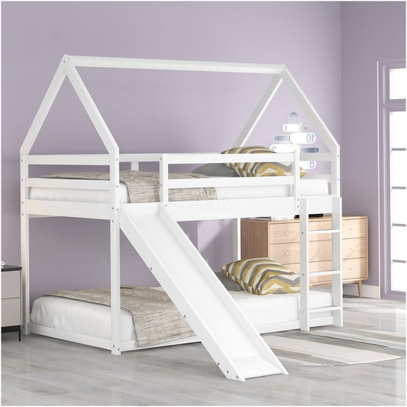 White Twin Bunk Bed with Slide and Ladder, Playhouse Design for Space Saving and Fun