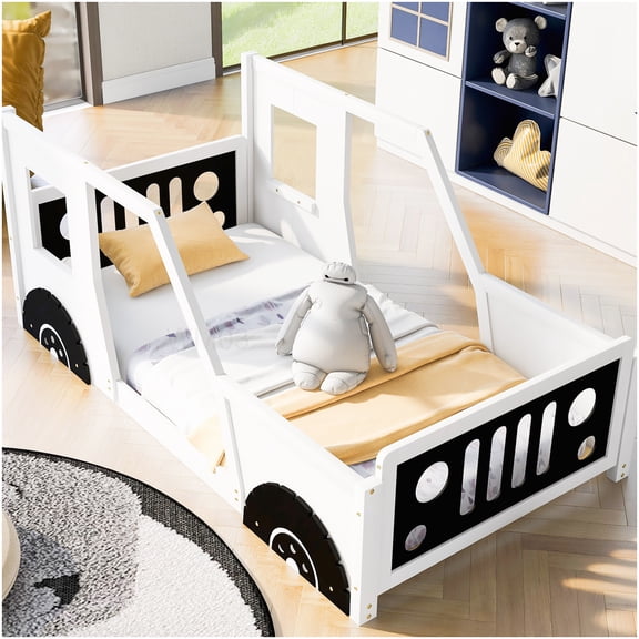 White Twin Car Bed Frame with Wood Platform, No Box Spring Required Wheels Included
