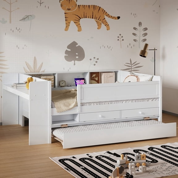 The White Twin Daybed Boasting 3 Headboard & Foot Storage Compartments, Along with a Twin Size Trundle and Study Desk, Constructed from Solid Pine + MDF for Longevity