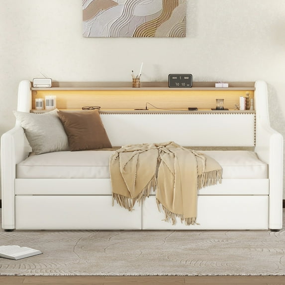 White Twin Daybed With Drawer Compartments, Led Lights, Charging Station & Solid Frame Storage Drawers, In Elegant