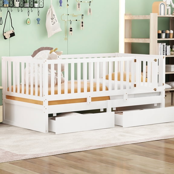 White Twin Daybed With Fence Guardrails And 2 Drawers For Size Drawers, White, Versatile Bed Option