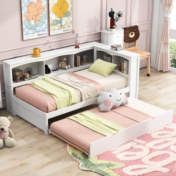 White Twin Daybed With Trundle, Storage Space & Ports - Robust Solid Wood Build Size Cabinets, Trundle Strong Structure Finish