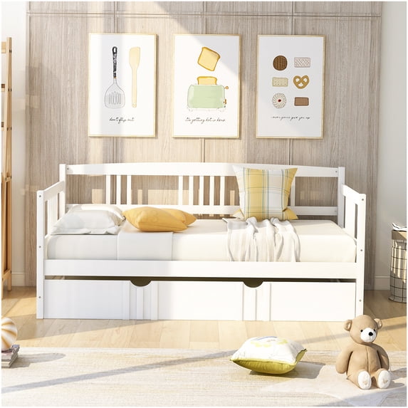 White Twin Daybed with Pull Out Trundle, Wood Sofa Bed for Guest Room and Apartment