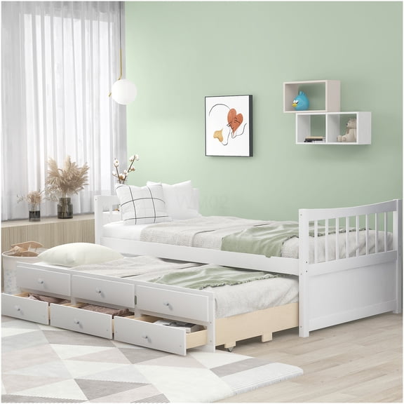 White Twin Daybed with Trundle and 3 Drawers, Modern Wood Storage Bed Frame with Slat Support System