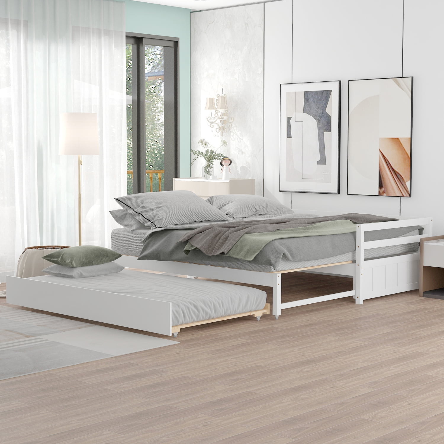 White Twin or Double Daybed with Trundle Elegant and Stylish Bed Frame for Guest Room or Kids