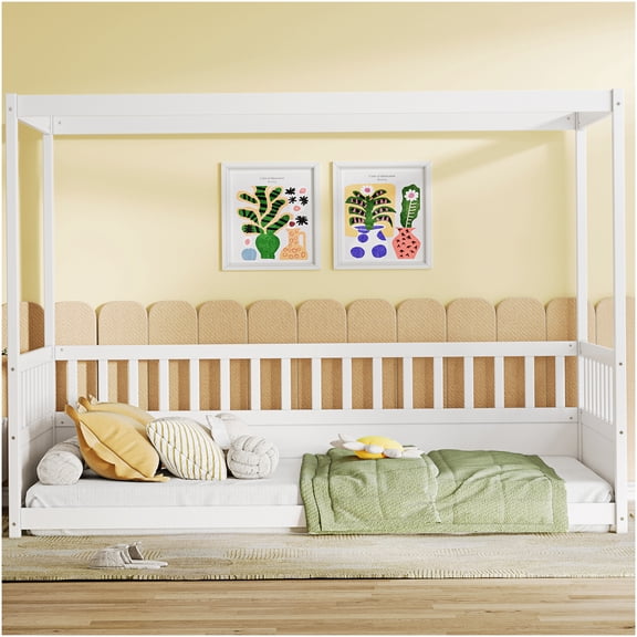 White Twin Floor Bed Frame with Canopy and Safety Rails, Low Profile Platform Bed No Box Spring Needed, 4 Poster Design for Modern Bedroom