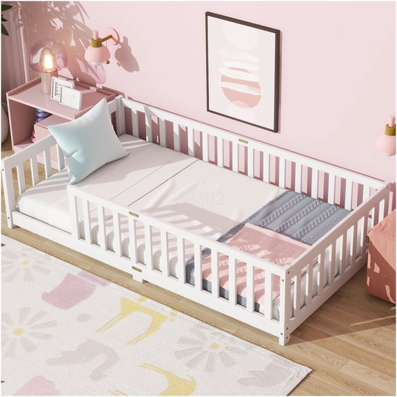 White Twin Floor Bed Frame with Safety Rails, Low Profile Platform Bed for Compact Spaces, No Box Spring Needed, Easy Assembly
