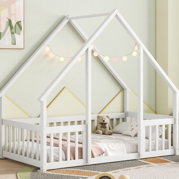 White Twin Floor Bed With House-shaped Frame And Guardrail - Crafted From Pine Wood For Design Long-lasting Construction Comfort