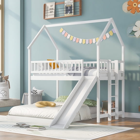 White Twin/Full Bunk Bed - Slide for Family Fun - Bedroom or Playroom - Safe Sleep with Rails