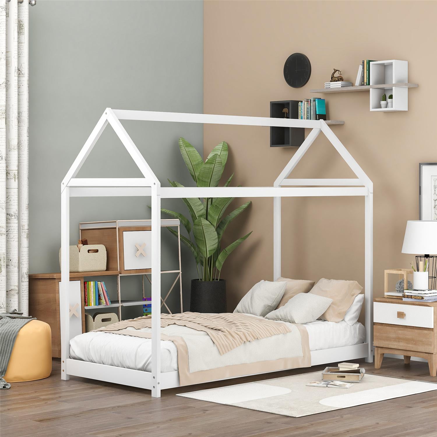 White Twin House Bed for Kids, Pine Wood Toddler House Bed Frame, Floor Canopy Bed with 6 Wooden Slats for Boys Girls Teens Children, Nursery Furniture, No Box Spring Needed, 76.1 x 41.5 Inch