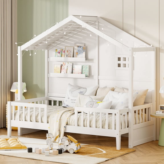 White Twin House Bed With Shelves & Window, Romantic Roof Strip For Stylish Bedroom Size Shelves, Captivating Glowing
