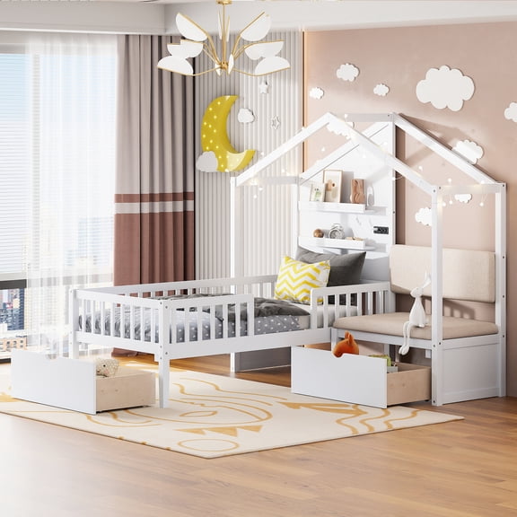 White Twin House Bed With Upholstered , Charging Ability, Wireless Charging, Shelves, Two Drawers For Space Collection Size Facility, Activity