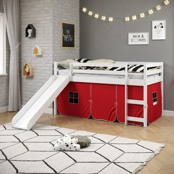 White Twin Kids Junior Solid Pine Wood Loft Bed with Slide And Tent (Red tent)