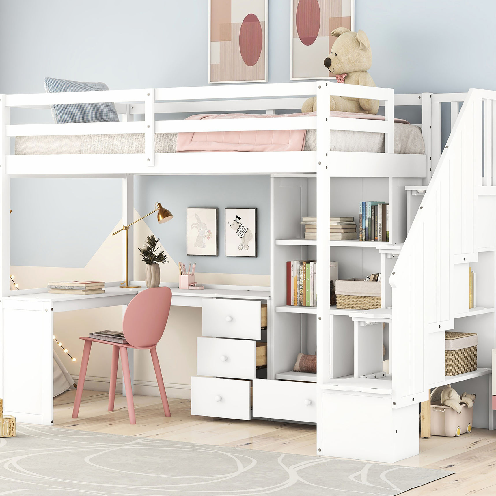 Image showcasing White Twin Loft Bed Featuring L-Shaped Desk, Drawers, Cabinet and ...