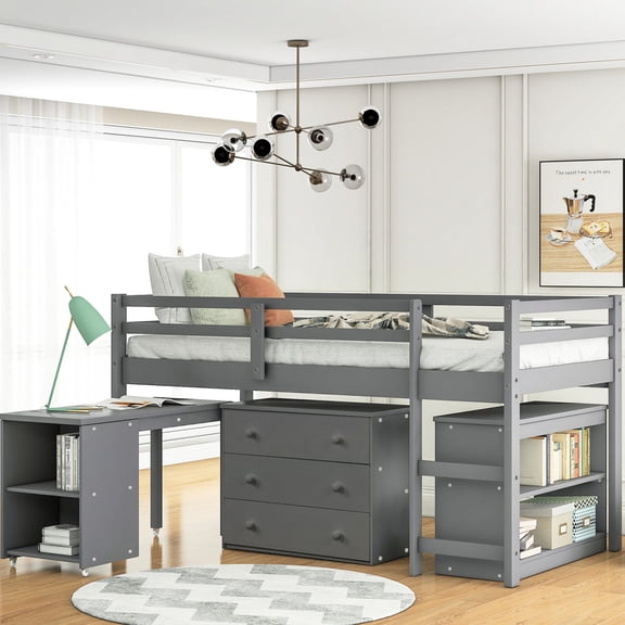White Twin Loft Bed - Under - Bed Fort and Cabinet - Family Room - Entertainment and Storage