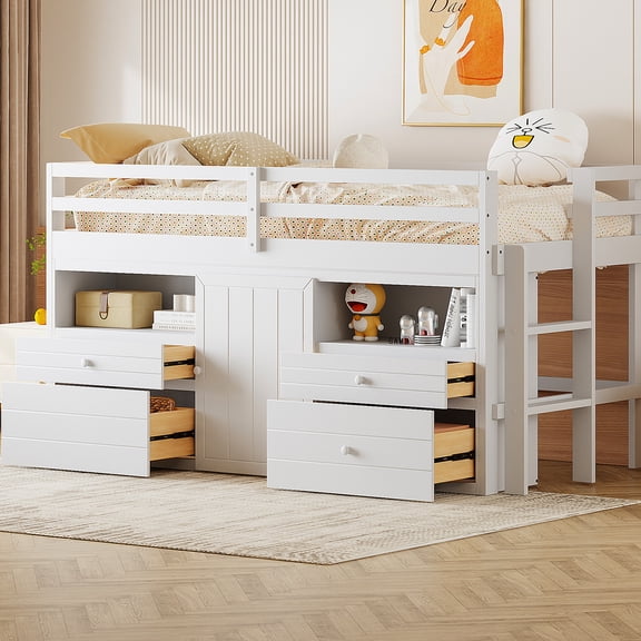 White Twin Loft Bed With 4 Drawers, Cabinet And Shelves - Quality Bedroom Furniture Essential