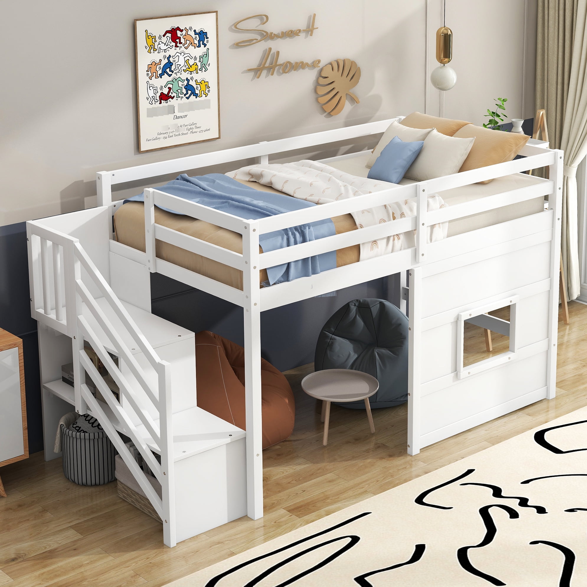 White Twin Loft Bed With And Storage Staircase - Strong Wood Frame, No ...