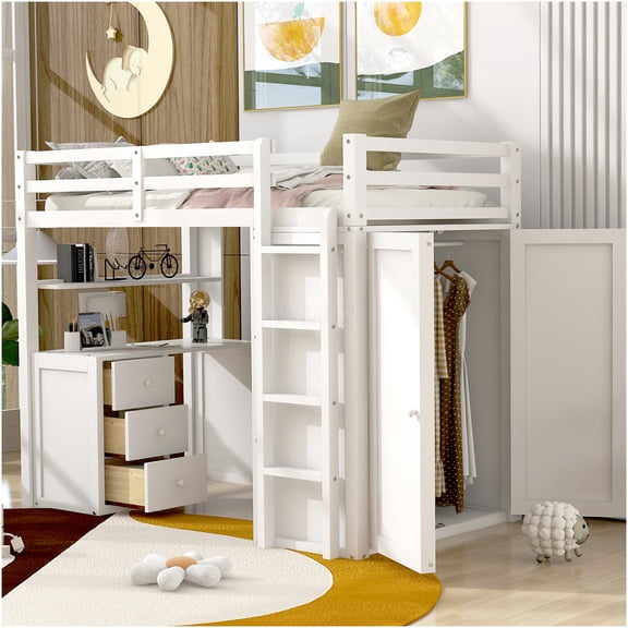 White Twin Loft Bed with Built-In Study Desk and Wardrobe, Space Saving Solid Wood Bed Frame with Storage Drawers