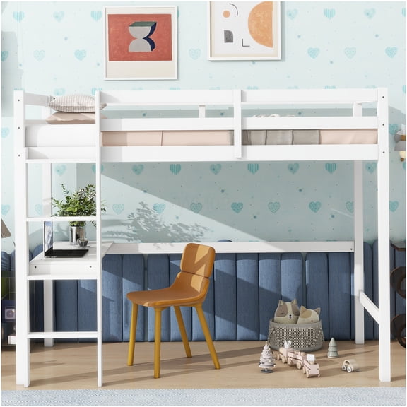White Twin Loft Bed with Desk, High Sleeper Bed with Guardrail & Ladder, Study Space Saver, Durable Rubber Wood Frame