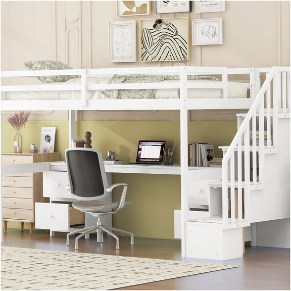 White Twin Loft Bed with Desk and Storage Drawers, Space Saving Study Bed Frame for Small Rooms