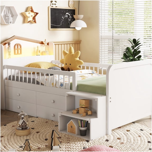 White Twin Low Loft Bed with LED Lights & Storage Drawers, House Design Bed Frame with Stairs, Solid Pine Wood