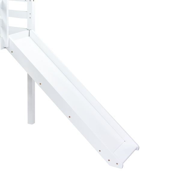 White Twin Low Loft Bed with Slide & Ladder | Durable Rubber Wood | Safety Guardrails | Fun Play Area Underneath | Perfect for Bedroom Play & Sleep