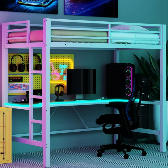 White Twin Metal Loft Bed with LED and Craft Desk / Convert Under - Bed to Craft Area