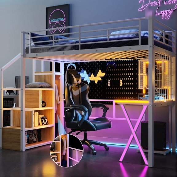 White Twin Metal Loft Bed with Storage Staircase - Safe for Sleeping and Easy to Access