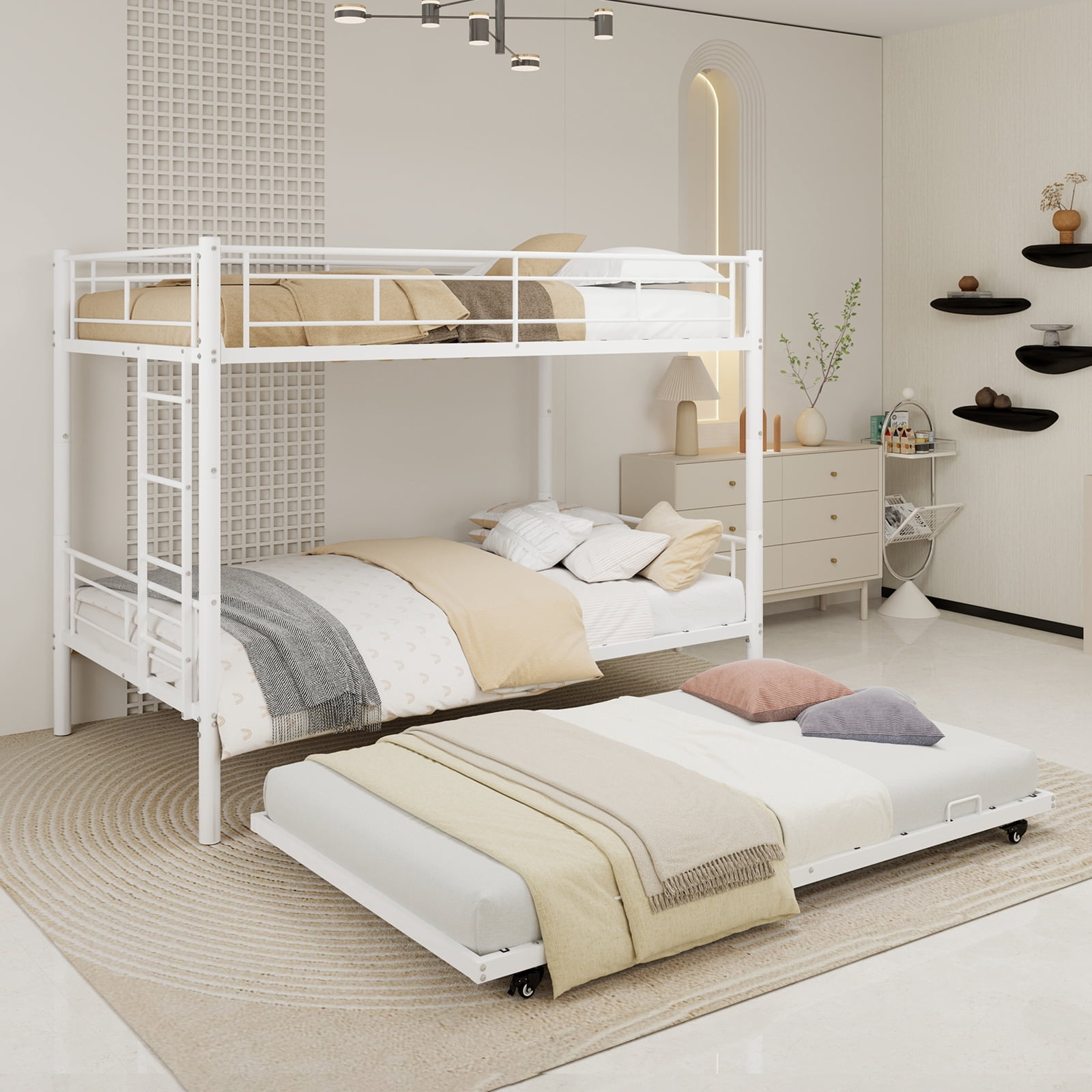 White Twin Metal Triple Bunk Bed with Removable Design – Durable Iron Structure, Separates Into Three Twin Beds