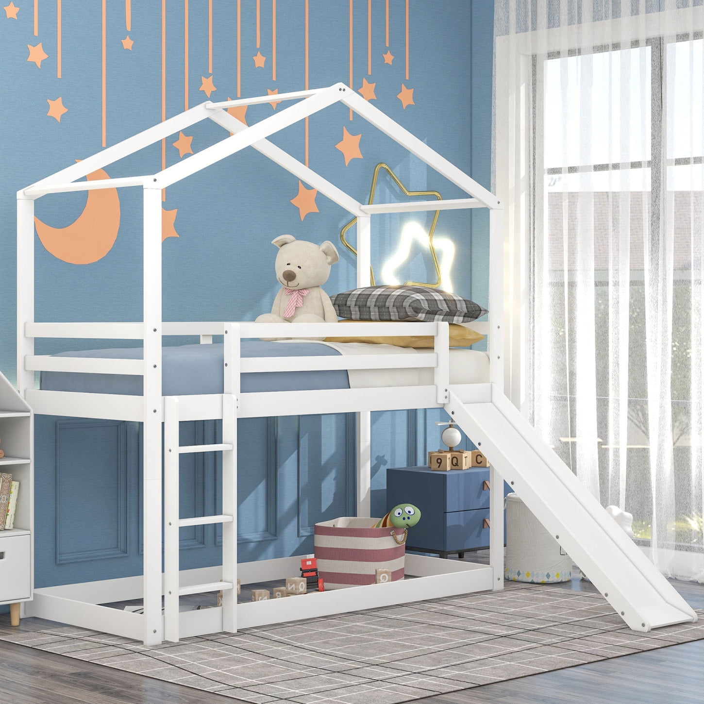 White Twin Over Twin Bunk Bed with Roof, Slide, and Ladder, Playhouse