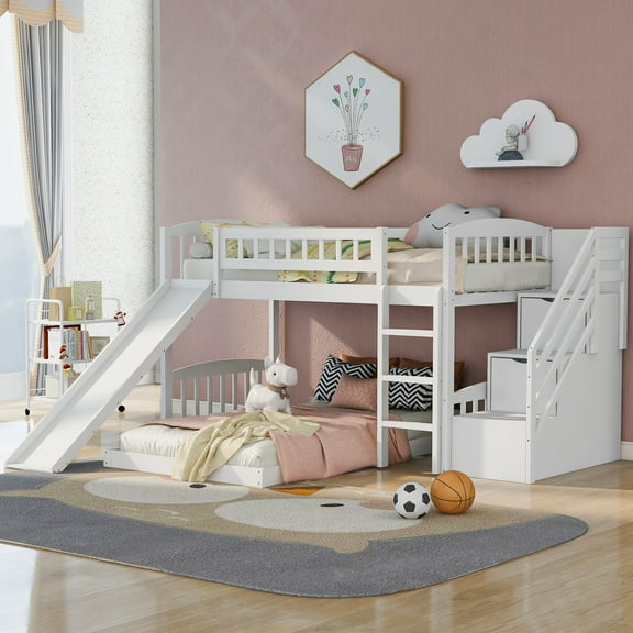 White Twin Over Bunk Bed With Functional Climb Slide And Convenient Drawers - Stable Two Fascinating Experience Magnetism