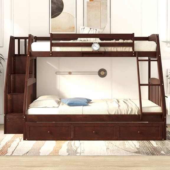 White Twin-Over-Full Design - Adjustable Ladder and Staircase - Sleepover Spaces - Secure Guardrails