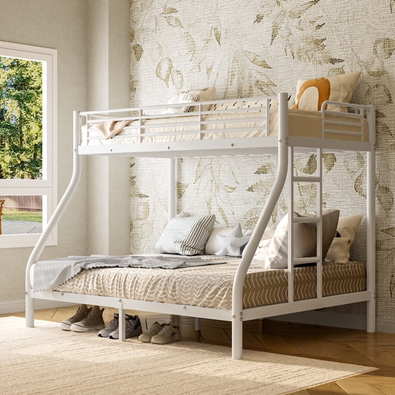 White Twin Over Full Metal Bunk Bed Frame with Safety Guardrail & Ladder, Sturdy Steel Bed, Noise-Free, No Box Spring Needed for Bedroom Dorm