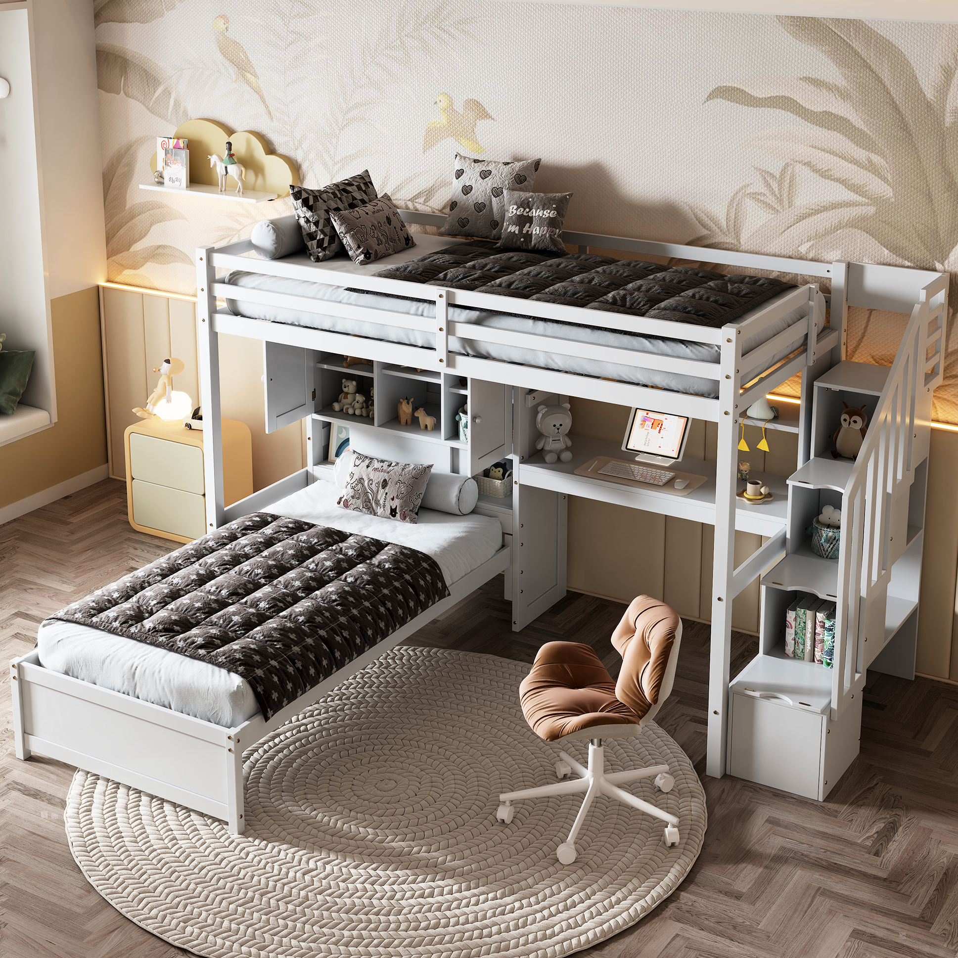 White Twin Over Loft Bed Including Staircase, Storage And Desk With ...