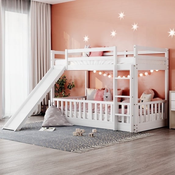 Twin Size Solid Pine Bunk Bed with Slide and Ladder, White, for Bedroom