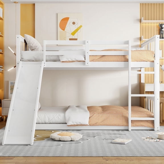 Twin Size Solid Pine Platform Bed with Slide and Ladder, No Box Spring Needed, White, Bedroom