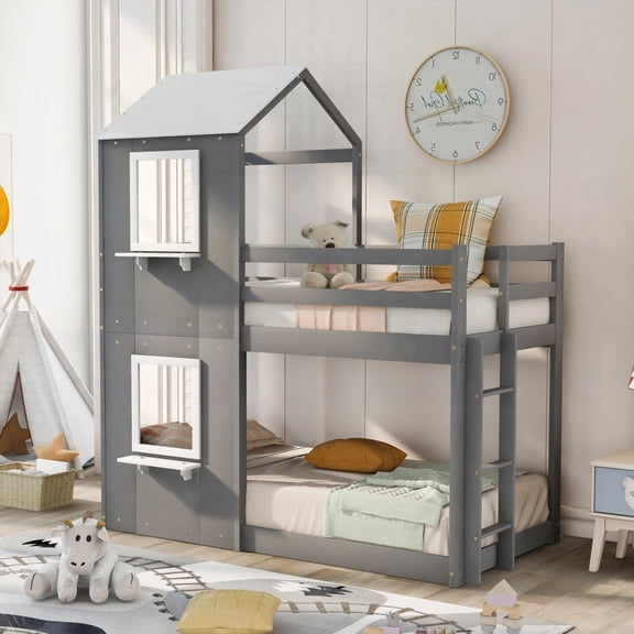 White Twin Over Twin Bunk Bed - Wood Roof, Window & Guardrail - Safe & Fun Sleeping Space