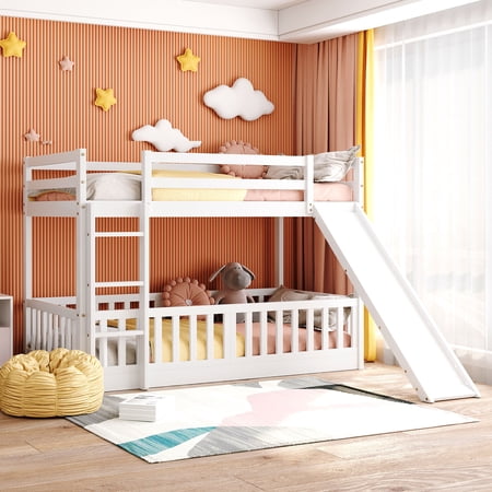 White Twin Over Twin Bunk Bed with Slide and Ladder