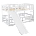 White Twin Over Twin Low Bunk Bed with Slide Fence and Ladder Perfect