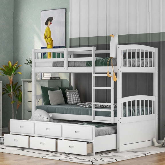 White Twin Over Wood Bunk Bed With Trundle - Functional Bedroom Decor Choice